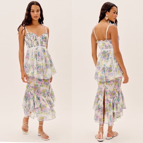 NWT For Love & Lemons Meadow Peplum Tiered Bouquet Floral Maxi Dress Size XL - Picture 1 of 14
